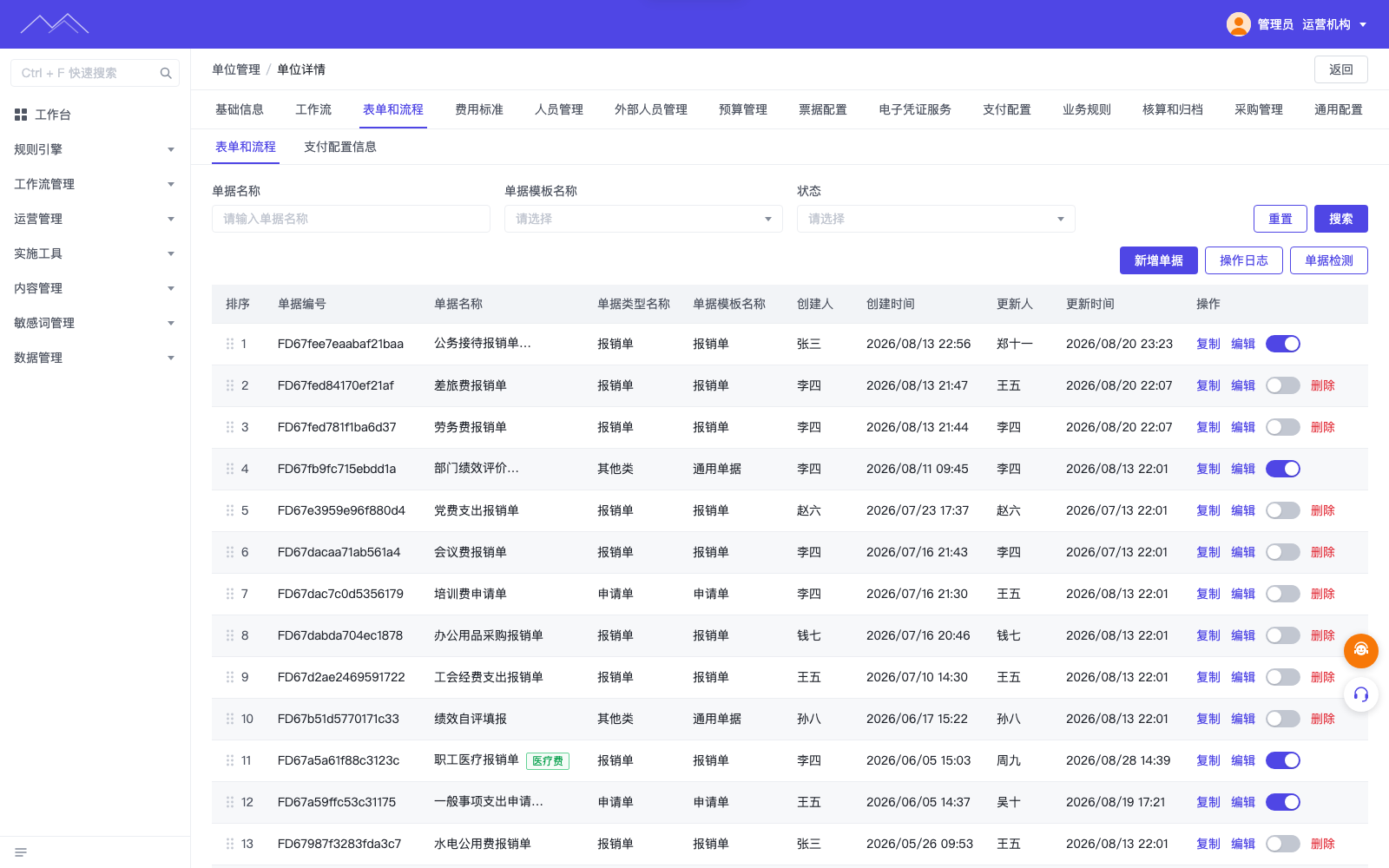 单据配置列表